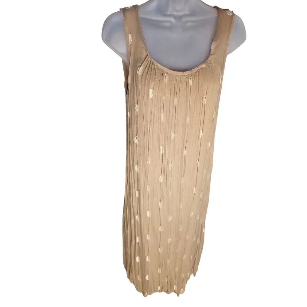 Nana Nucci Tan Tank Midi Dress Sz S Crinkled Fabric Gold Metallic Dashes Silk - Picture 2 of 10